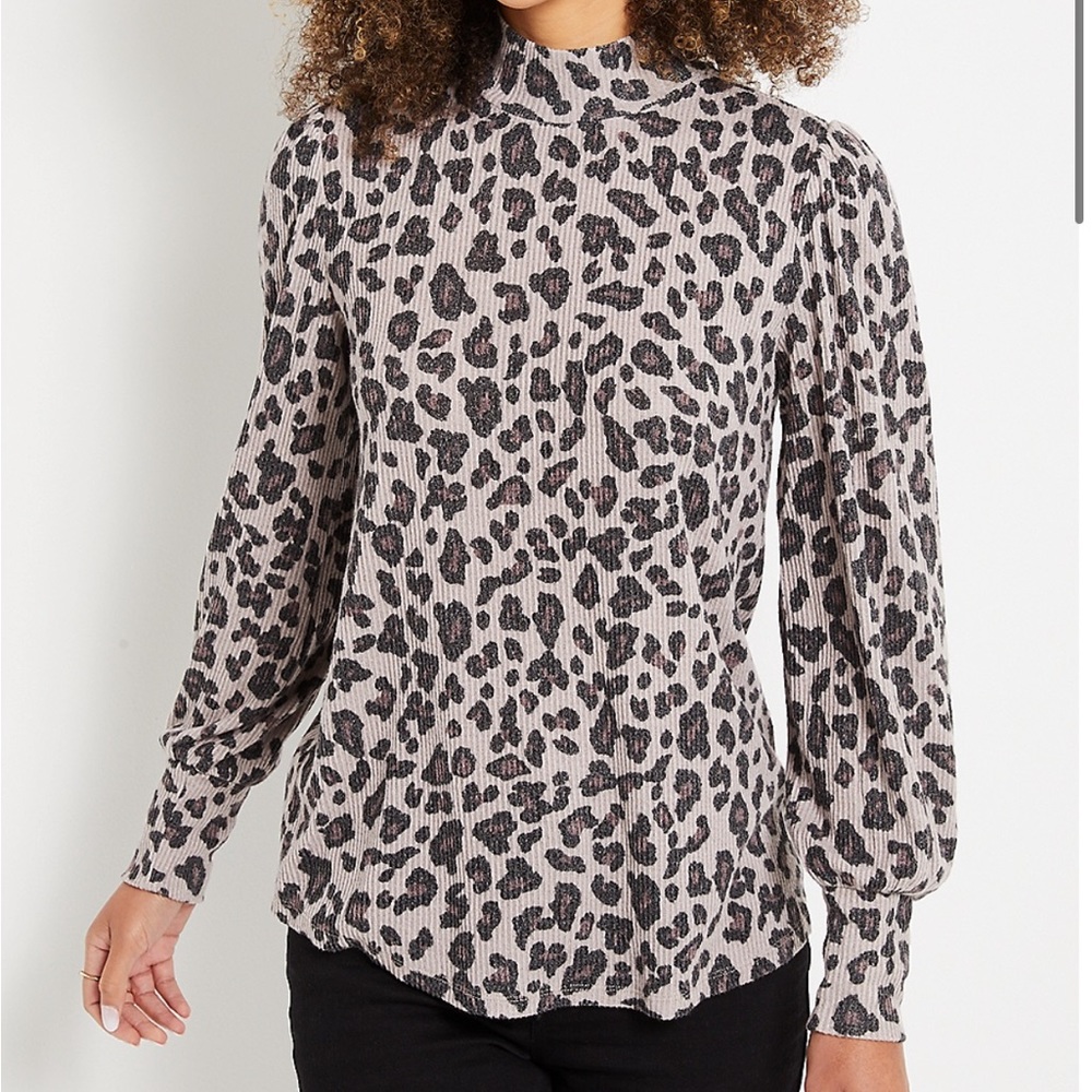 Cozy Gray Leopard Mock Neck Tee
